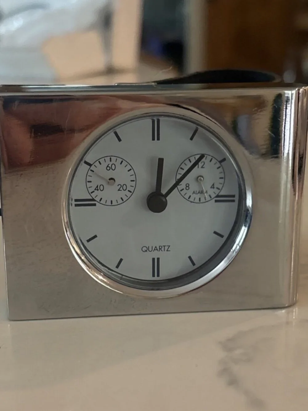 Vintage Marksman Quartz Clock Leather Case Pocket Desk Time Tested & Working!